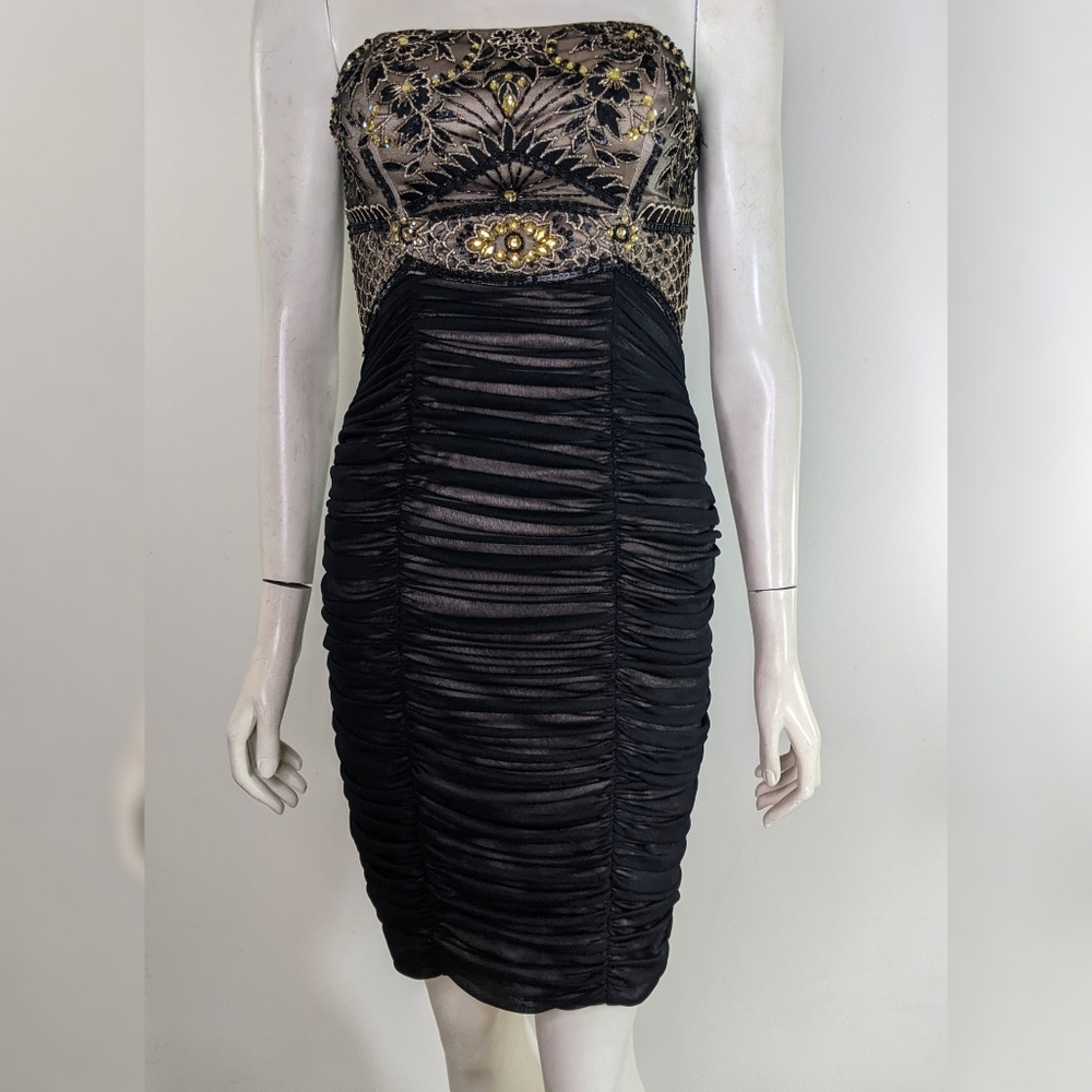 Sue Wong Black Gold Strapless Beaded Ruched Dress 4